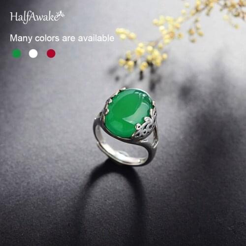 Thai Silver Vintage Ring Red Green Jade Adjustable Ring For Women Wedding Engagement Trendy Party Fashion Jewelry 925 Girl Gift