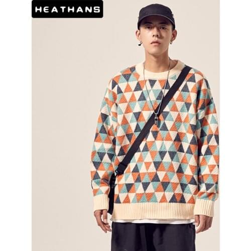 O-Neck Knitted Men Sweater Diamond Pattern Clothes Pullover Japan Style Harajuku Mens Tide Brand Sweater Mens Warm Pullovers