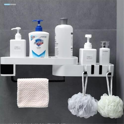 Corner Shower Holder Rotating Bathroom Shelf Organizer Punch-Free with Towel Bar Hollow Shampoo Tray Wall-Mounted Storage Rack