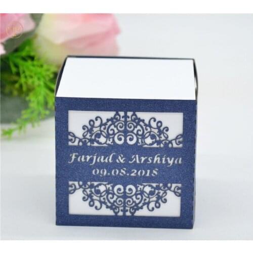 Unique white wedding favor box with navy laser cut cover