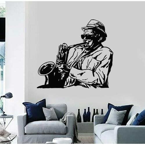 Music Wall Decals Vinyl Wall Decal Jazz Bar Playing Saxophonist Instrument Music Window Stickers Home Bedroom Decor M77