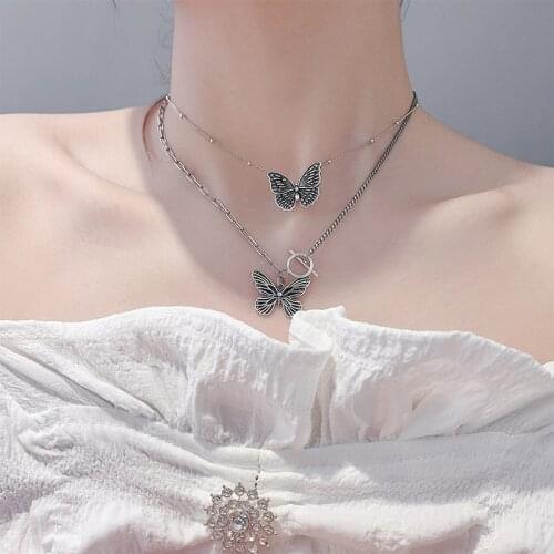Lifefontier Vintage Cute Butterfly Pendant Clavicle Necklaces For Women Silver Color Stainless Steel Chain Necklace Jewelry