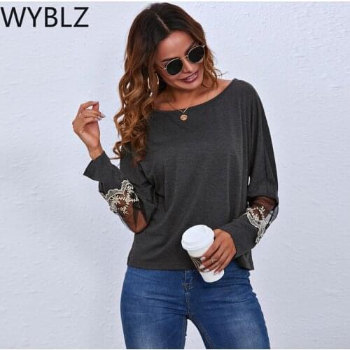 WYBLZ Women Round Neck Ladies Fashion Casual Long Sleeve Tops Sexy Lace Pullover T-Shirt Solid Color Loose Cotton Tops