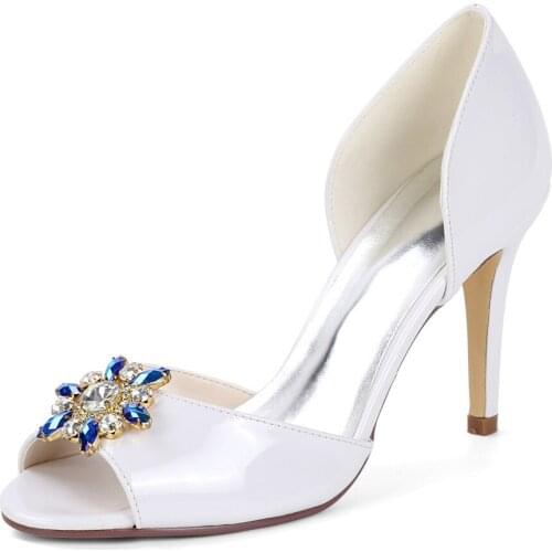 Creativesugarsatin D'orsay white PU shoes open toe colorful crystal brooch lady elegant pumps prom party bridal wedding heels