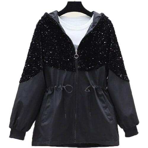 Shiny Sequin Womens Jacket Spring Autumn Stitching Sequined Drawstring Casual Hooded Coat Ladies Black Windbreaker Outerwear