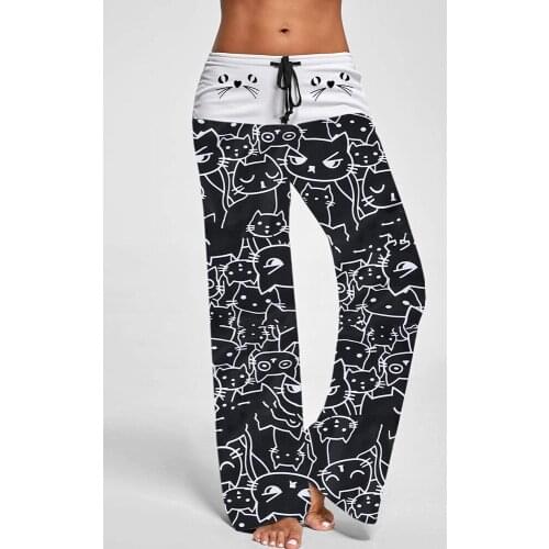 Women Casual Pants New Fashion Cat Prints Wide Leg Panst Sleep Drawstring Home Wear Pant Lace Up Cartoon Bottoms Streetwear