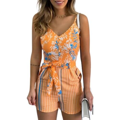 Romper V Neck Backless Female Women Leaf Print Stripe Jumpsuit Hiking Women Backless Sexy Jumpsuit