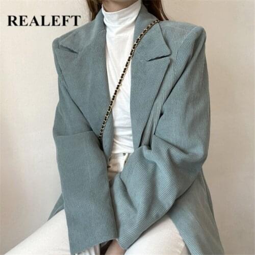 REALEFT 2021 Vintage Womens Corduroy Suit Coat Fashionable Korean Style Solid Color Long Sleeve Winter Outwear Blazers Female