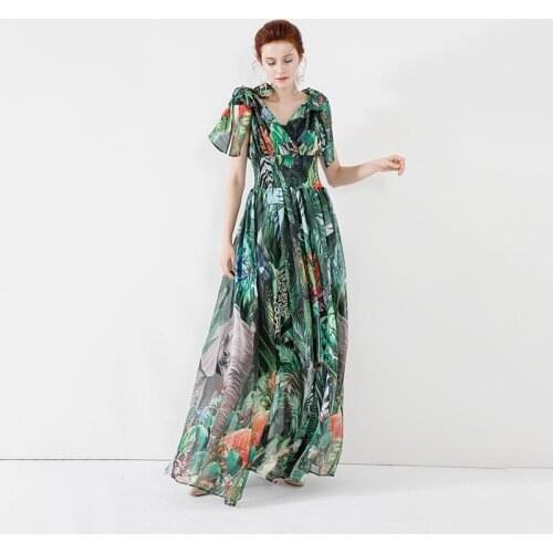 Green abstract floral chiffon suspender maxi bohemian dress women robe 20 summer long casual beach sexy loose dresses plus size