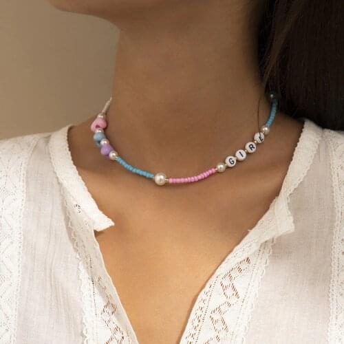 DIEZI Ethnic Handmade Imitation Pearl Choker Necklace For Women Cute Sweet Girls Heart Letters Beads Short Necklace Jewelry
