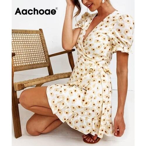 Aachoae Floral Print A Line Dress Summer V Neck Butterfly Short Sleeve Mini Dresses For Women Bandage Ruffles Casual Dress Robe