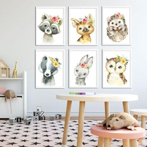 Watercolor Woodland Baby Animals Canvas Poster Hedgehog Badger Raccoon Nursery Print Poster Baby Baby Shower Gift Decor