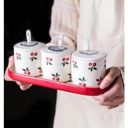 Seasoning Jar Box Kitchen millimi ранчо икорница с ложкой рыбка контейнер для ложек Supplies Household Cherry Cute Ceramic
