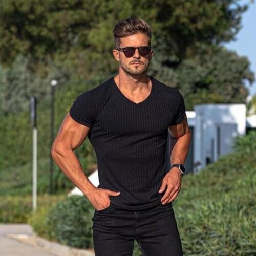 Running V Neck Short Sleeve T-shirt Men Tops Tees Fitness Slim Sports Striped Solid T-shirts Summer Fashion Knitted Gym Clothing