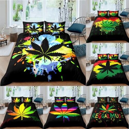 Maple Leaf Printed Black Bedding Set Queen Size Plant Home Textiles Bed Cover 2/3 Pcs Single Twin Full King Size Duvet Cover set