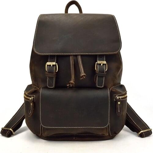 Leather Knapsack Student School Bag Vintage Rucksacks 14" Vintage Leather Travel Backpack Men Women Packsack Genuine