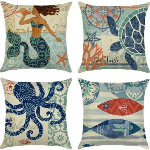 Retro Ocean Scenic Pillowcase Home Decorative Linen Mermain Sea Turtles Throw Pillows Office Sofa Car Cushion Covers 45x45cm