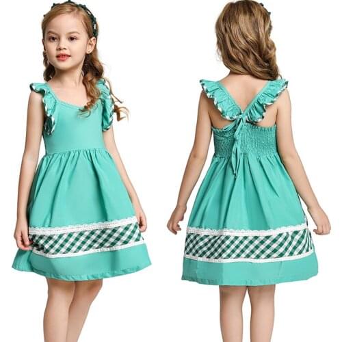 Green Suspenders Dress for Girls Summer Cotton Tallsel Flying Sleeve Dress Kids Pink Cute Princess Dress Child Casual Sundress