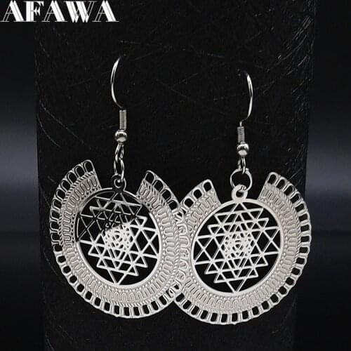 2021 Stainless Steel Drop Earrings Sri Yantra Pattern Silver Color Earring Jewelry joyas de acero inoxidable para mujerE1549S02