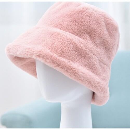 2020 Large Size Chic Women Winter Travel Solid Color Plushy Faux Fur Wide Brim Thick Warm Bucket Cap