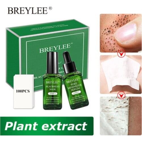 BREYLEE Blackhead Remover Serum + Shrink Pore Serum + 100pcs Peeling Off Mask Blackhead Remover Set Tea Tree Oil Skin Care