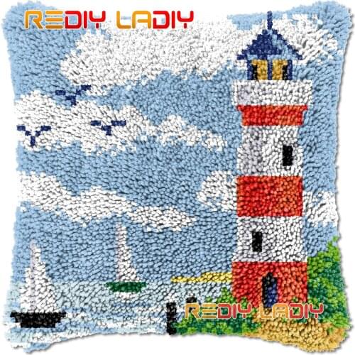 Latch Hook Cushion Light House DIY Needlepoint Kits Chunky Acrylic Yarn Arts Crocheting Lofty Pillow Case Hobby & Crafts