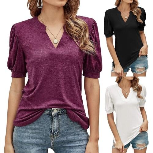 Womens Casual Fashion V-Neck Solid Color Loose Short-Sleeved Tunic Shirt Top блузки женские новинки Mujer Blusas