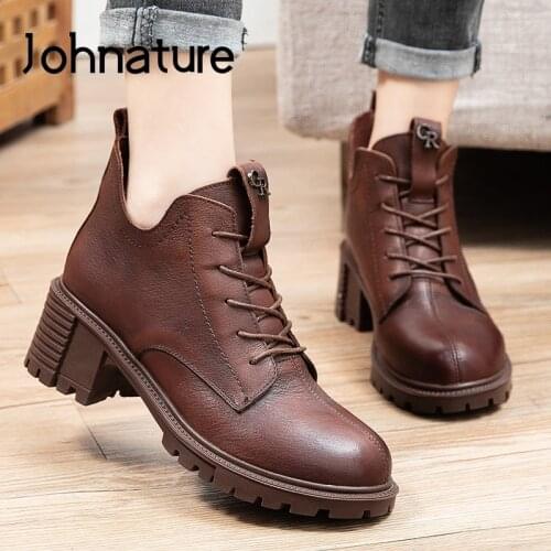 Johnature Retro Lace-Up Pumps Women Shoes Genuine Leather 2021 New Spring/Autumn Round Toe Casual Sewing Platform Ladies Shoes