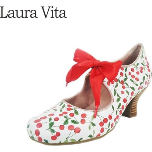 Laura Vita CANDICE 1081 Ribbon Ankle Strap Wine Glass Shape Middle Heel Snakeskin Sweet Print Genuine Leather Women Shoes