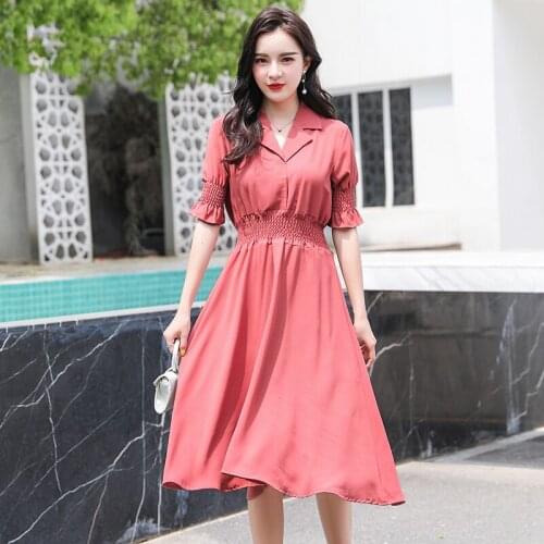 Summer Dress Women 2020 New Knee Length Elastic Waist Chiffon Shirt Dress A-line High Waist Dress Solid Notch Vestido Plus Size