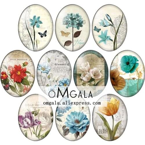 Retro Vintge Flowers Plants Pattern 10pcs mixed 13x18mm/18x25mm/30x40mm Oval photo glass cabochon demo flat back Making findings