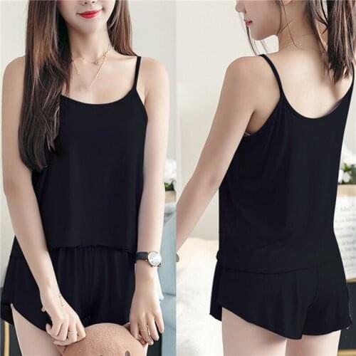 2pcs/set Summer Sexy Plus Size Top + Shirts Solid Color Pajamas Paghetti Strap Intimate Lingerie Sleepwear