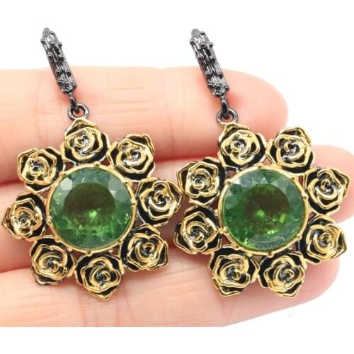 46x29mm Unique 21g Sunflowers Jewelry Set Created Green Tsavorite Garnet Pink Tourmaline Cool Black Gold Silver Earrings Pendant