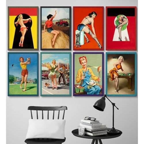 USA Retro poster Seductive girl World War II Sexy pin up Girl Nordic Style Wall Art Canvas Pictures Animation Poster