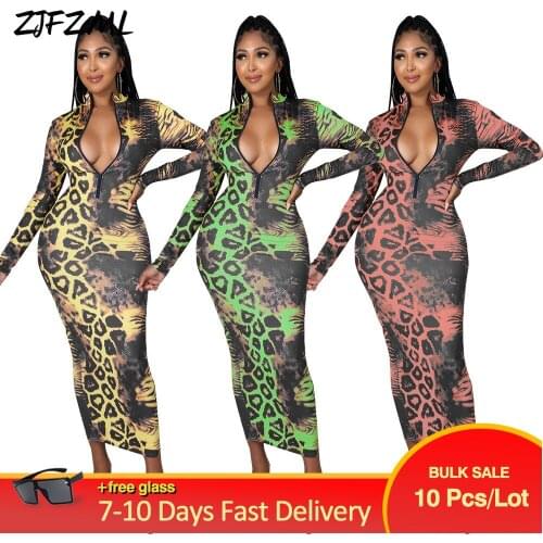 Bulk Items Wholesale Lots Womens Maxi Dresses Fashion Cleavage Zipper Up Long Sleeve Dress Harajuku Birthday Party Club Robe