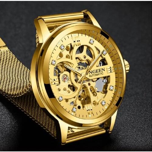 FNGEEN Number Sport Design Bezel Golden Watch Mens Watches Top Brand Luxury Montre Homme Clock Men Automatic Skeleton WristWatch
