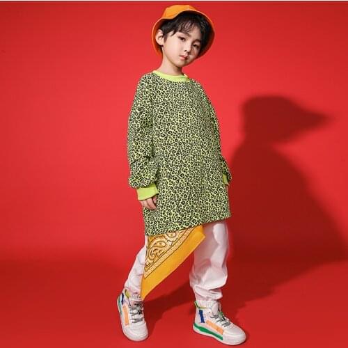 Kids Hip Hop Dancing Outfits Leopard Print Long Sleeve Sweatshirt Streetwear Jogger Pants for Boys Jazz Dance Costume Clothing