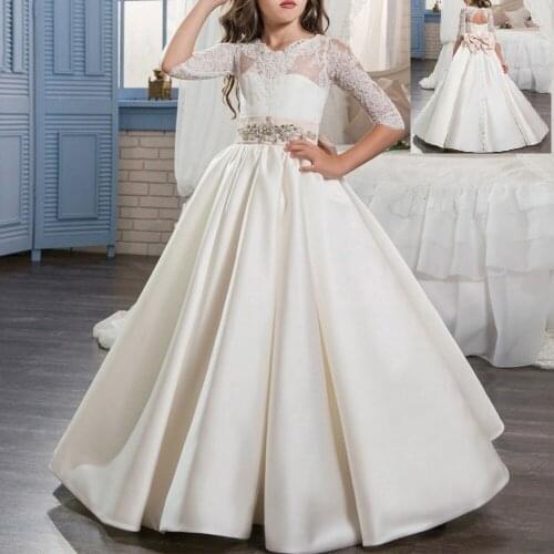 Elegant Girls Dress for Kids Wedding Bridesmaid 3/4 Sleeve Lace Ball Gown Flower Girl First Communion Party Princess Dress 2-13Y