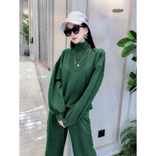 Purple Sportswear Suit High Collar Long Sleeve Sweatshirt+loose Casual Wide Leg Pants 2 Piece Set Women 2021 Spring