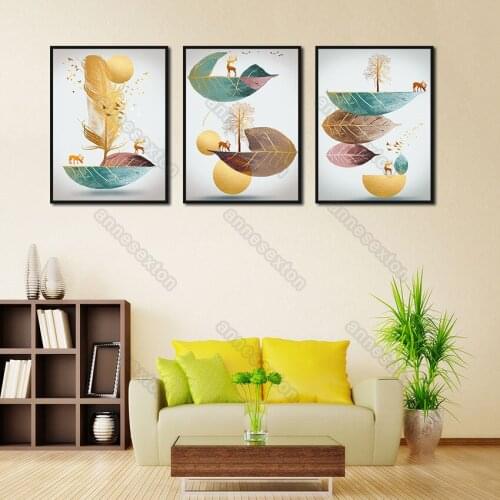 Nordic Style Canvas Painting Abstract Still Life Golden or Green Leaves Yellow Ball Poster Print for Home Rooms Wall Decoration