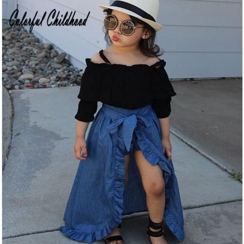 1-5t Summer New Style Kid Clothes Set With Suspenders Top + Fashionable Lace Denim Skirt +PP Shorts For Girls Cute Baby Clothing