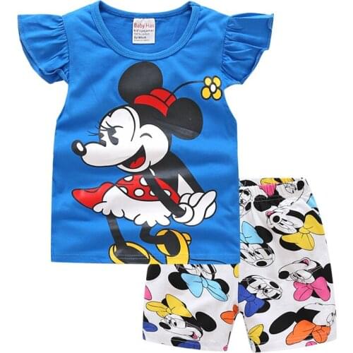 Disney summer cotton fashion Minnie Mickey short-sleeved T-shirt + shorts pajamas childrens home clothing set
