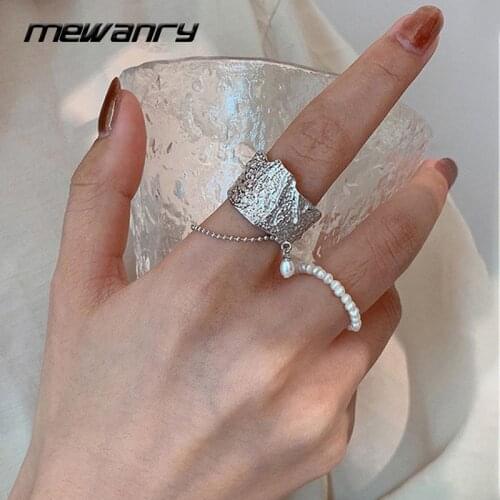 Mewanry 925 Sterling Silver Wide Rings for Women New Trend Vintage Creative Irregular Texture Double Layer Pearl Party Jewelry