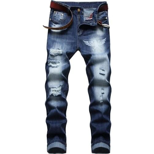 2021 High Street Mens Classic Jeans Fashion Printed Hole Pants Grind White Pencil Pants Hip Hop Motorcycle Trousers