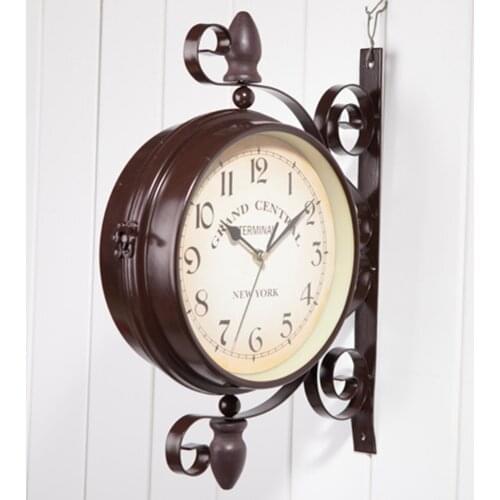 Vintage Inspired Double-Sided Wall Clock Quartz Wrought Iron Train Station Cafe Decorative Round Hanging Clock 8 Inch
