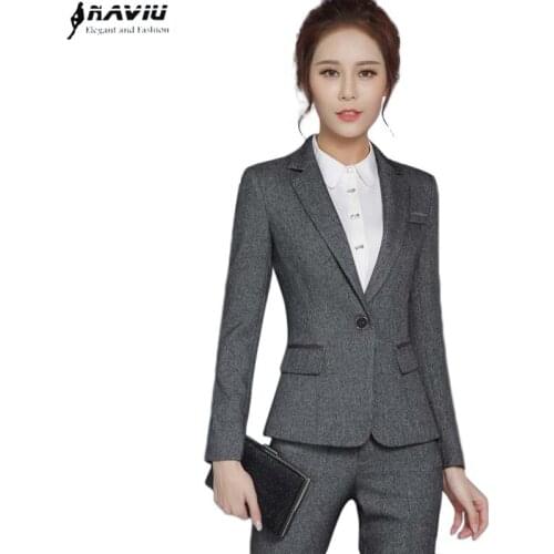 Naviu New Fashion Women Formal Pants Suit OL Slim Long-Sleeve Blazer With Trousers Office Ladies Plus Size Work Wear
