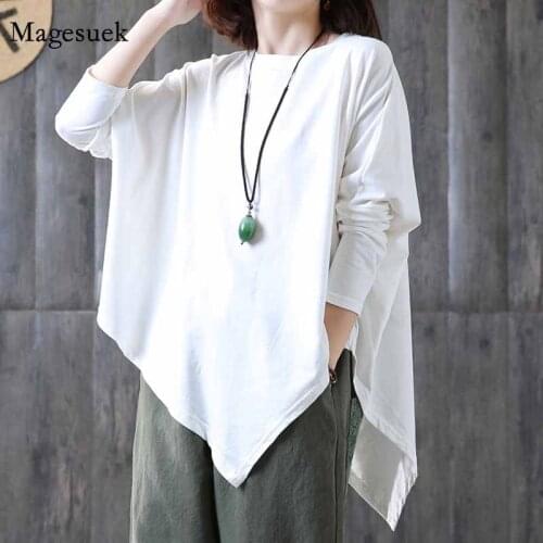 New Loose Bat Sleeve Solid Casual Top Blouse Asymmetry Shirt Autumn Korean Plus Size Wild Thin Irregular T-shirt Women 12740