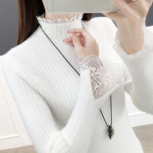 Autumn Spring Basic Sweater for Women Office Ladies Slim Solid Female Pullovers Knitted Turtleneck with Lace Pull Casual Jumper