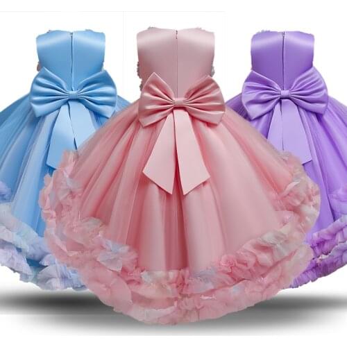 Wedding Girls Princess Dress Elegant Kids Flower Lace Mesh Long Tail Prom Gown For Children Evening Bridesmaid Tutu Vestidos