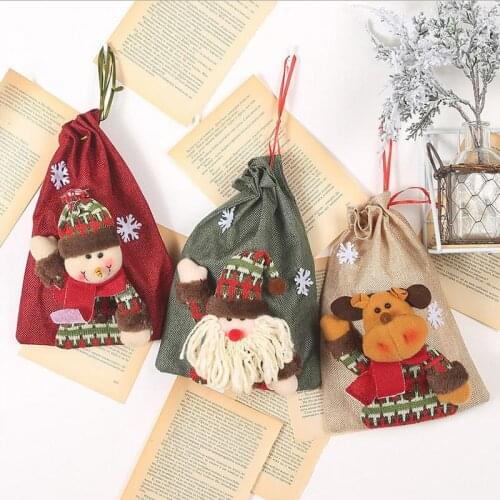 Christmas Burlap Gift Bag Cute Elk Snowman Santa Pattern Candy Bag Drawstring Treat Bag For Christmas Party Supplies Kid Favors